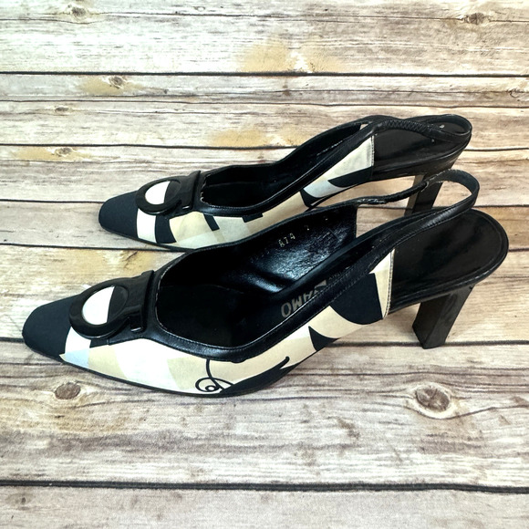 Salvatore Ferragamo Womens Tan Black Satin & Leather Slingback Heels 7B - Picture 4 of 16